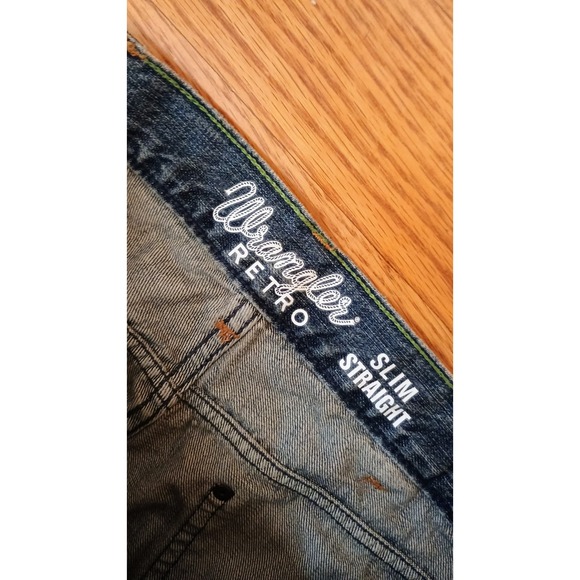 Wrangler Retro Slim Straight Mens Blue Denim Jeans Distressed Size 34x36 - Picture 2 of 10